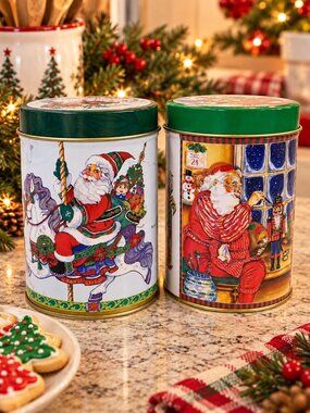 Set Of 2 Vintage Christmas Santa Claus Carousel Window Tin Canisters With Lids